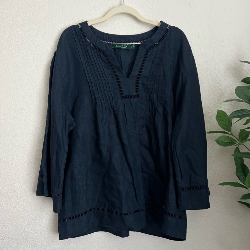 Lauren Ralph Lauren 100% Linen Navy Popover Eyelet Top Coastal Beachy Modest
